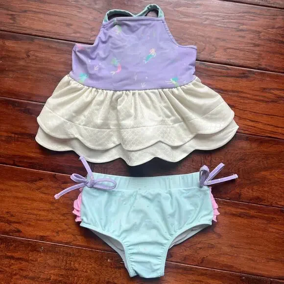Love & Grow Clothing Co 3T Swimsuit Mermaid 2 Piece Ruffle Shimmer Scallop Edge - Picture 2 of 5